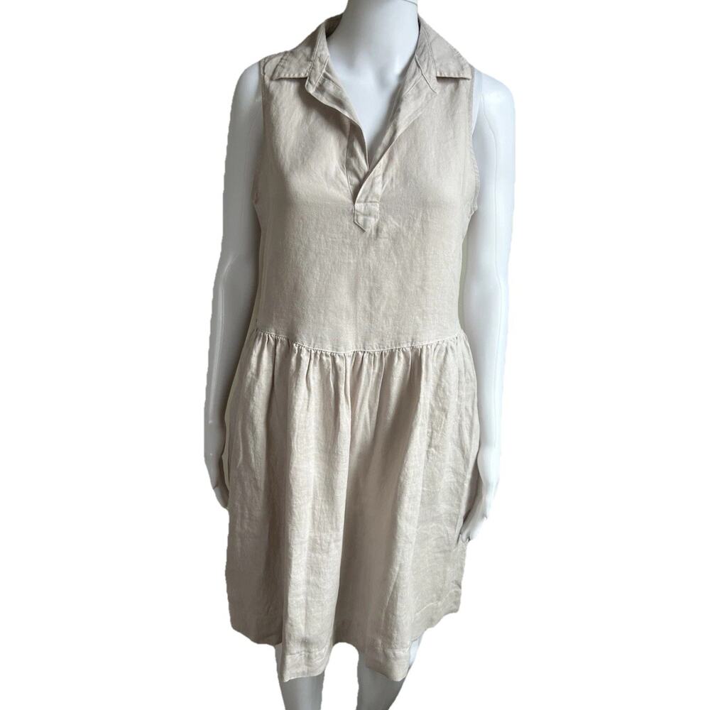 Frank & Eileen 100% Linen Dress Womens XS Beige Sleeveless Collared Minimalist